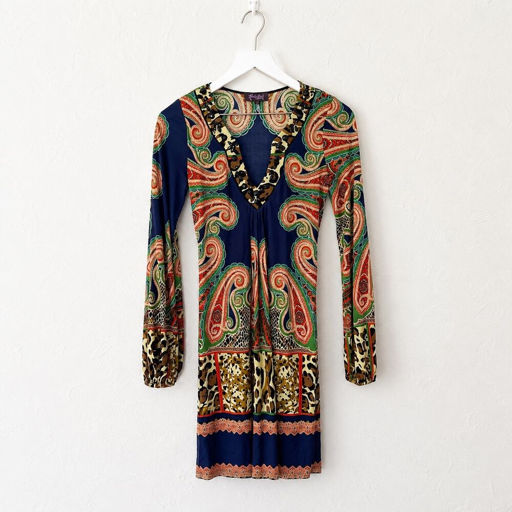 Hale Bob 100% Silk Paisley Leopard Boho Mini Dress XS Long Sleeve